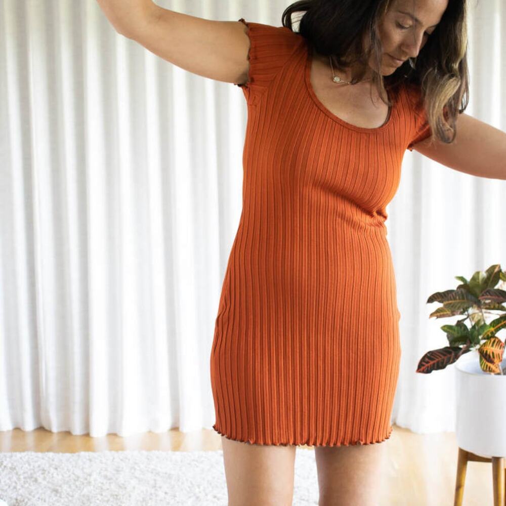 Simon‎ Miller Dress Troopa Ribbed Knit Scoop Neck Minidress Rust Red Size L